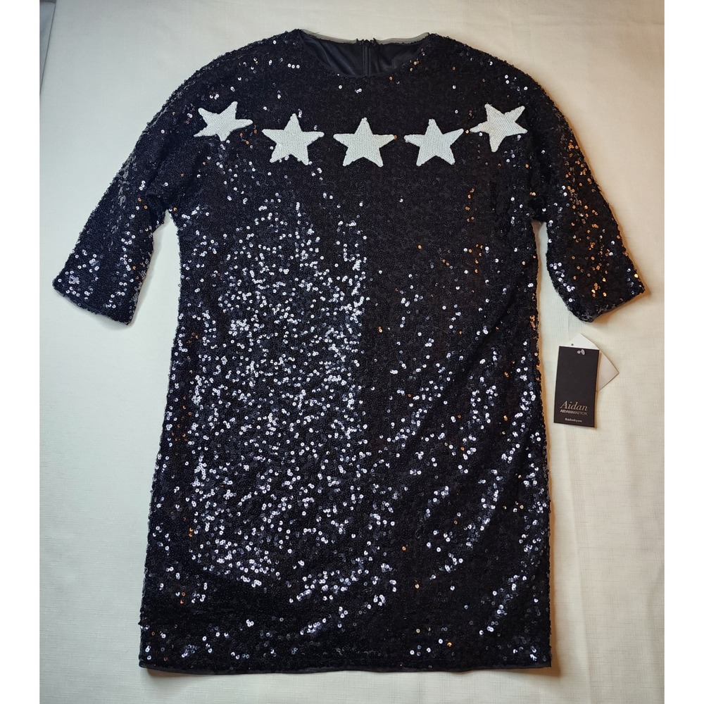 Aidan Mattox Black Sequin Star Shift Dress NWT Size 4 Party Luxery Designer Goth